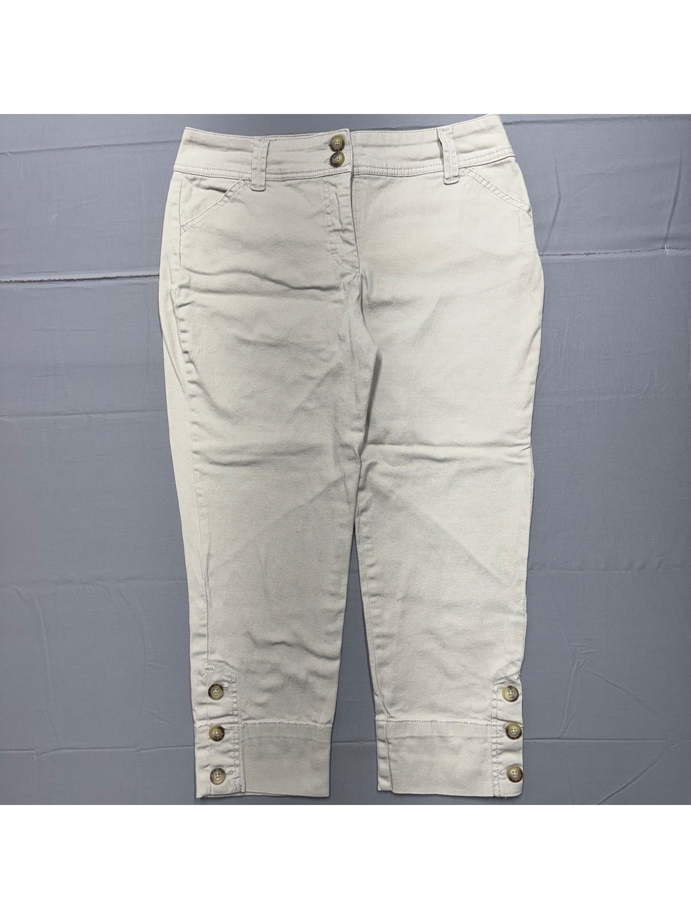 Charter Club Womens Capri Crop Pants Cotton Blend Button Hem Size 8P Beige Tan